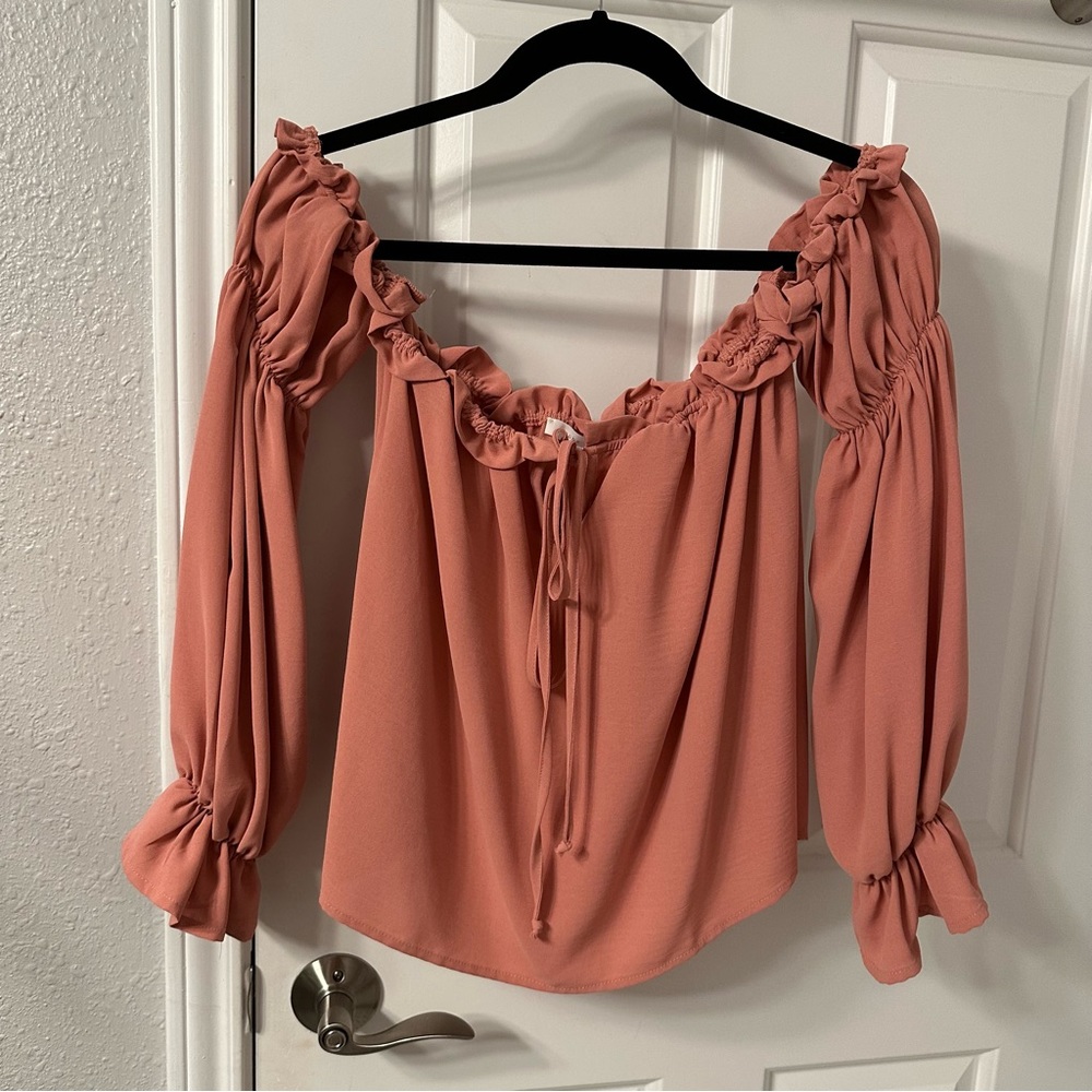 Dusty pink ruffled off shoulder top